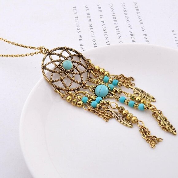 Jewelry - Gold Turquoise Feather Boho Dream Catcher Necklace